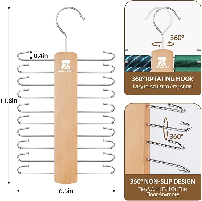 ZEDODIER Wooden Tie Rack, Tie Hanger for Men Closet, 20 Storage Capacity, Non-Slip Rotatable Tie Organizer, Hanging Space Saving Holder, Natural