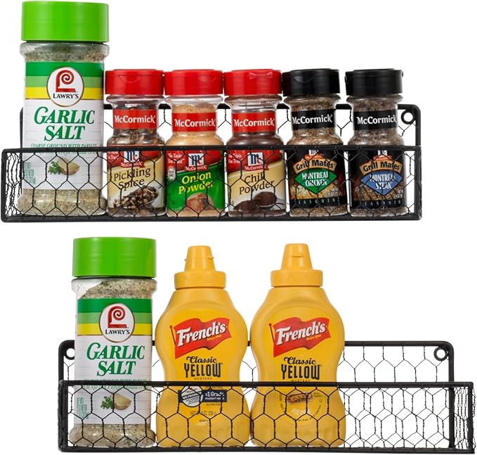 MyGift 2 Pcs Spice Rack Wall Mount, Small Seasoning Shelf Organizer, 12-Inch Over the Stove Hanging Kitchen Condiment Basket Storage Display, Black Wire