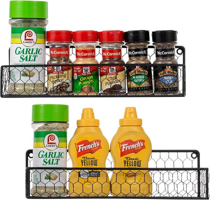 MyGift 2 Pcs Spice Rack Wall Mount, Small Seasoning Shelf Organizer, 12-Inch Over the Stove Hanging Kitchen Condiment Basket Storage Display, Black Wire