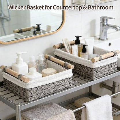 Storage Basket Wicker Baskets for Organizing, Storage Bins for Countertop & Toilet Paper, Toilet Tank Top Organizer (Set of 2, Grey)