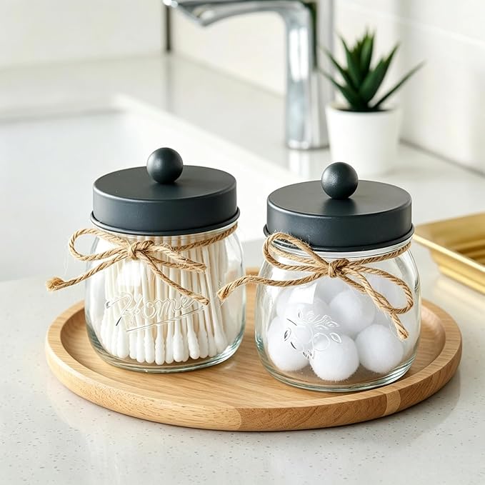 SheeChung 2 Pack Qtip Holder, Bathroom Jars, Cotton Swab Holders, Cute Mason Jars Bathroom Shelf Decor for Cotton Balls, Floss Picks - Vintage Gray