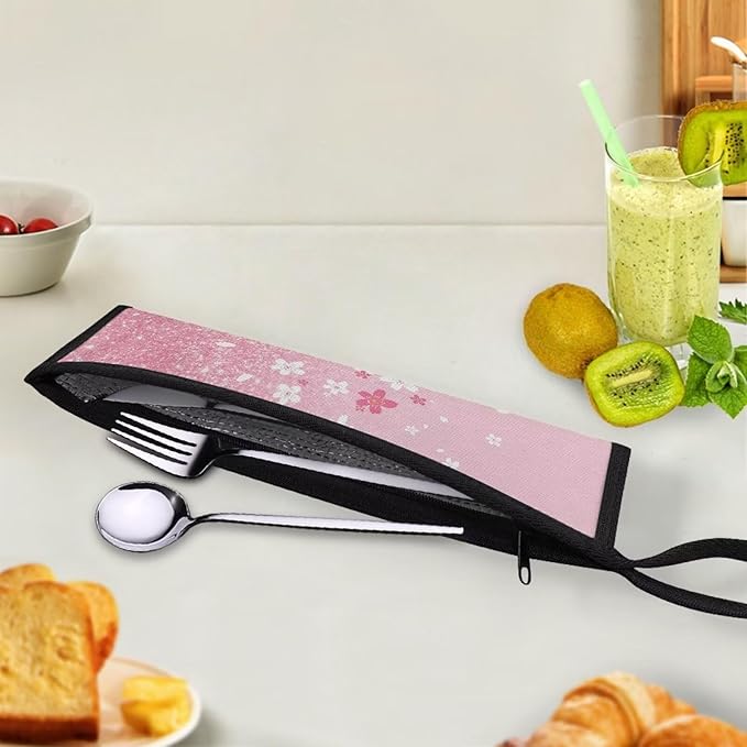 COEQINE Pink Silverware Organizer Reusable Cherry Blossom Bling Pattern Fork Spoon Knife Organizer For Restaurant Travel Picnic Leafproof Fabric For Travel Accessories Lightweight