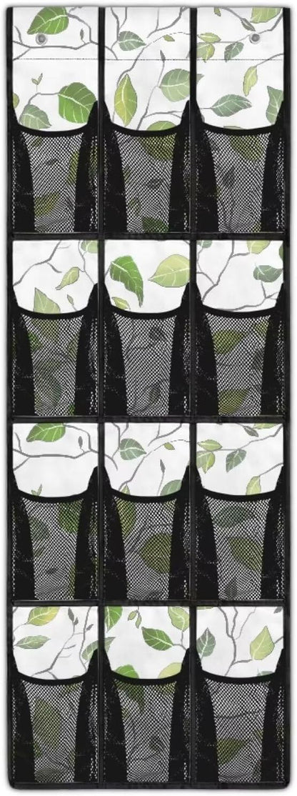 Green Leaves Hanging Shoe Organizer for Closet Door Storage Organizer 12-Pocket Mesh Bag Machine Washable Hanging Storage Bags Multi-purpose Door Rack for Bathroom Toiletries