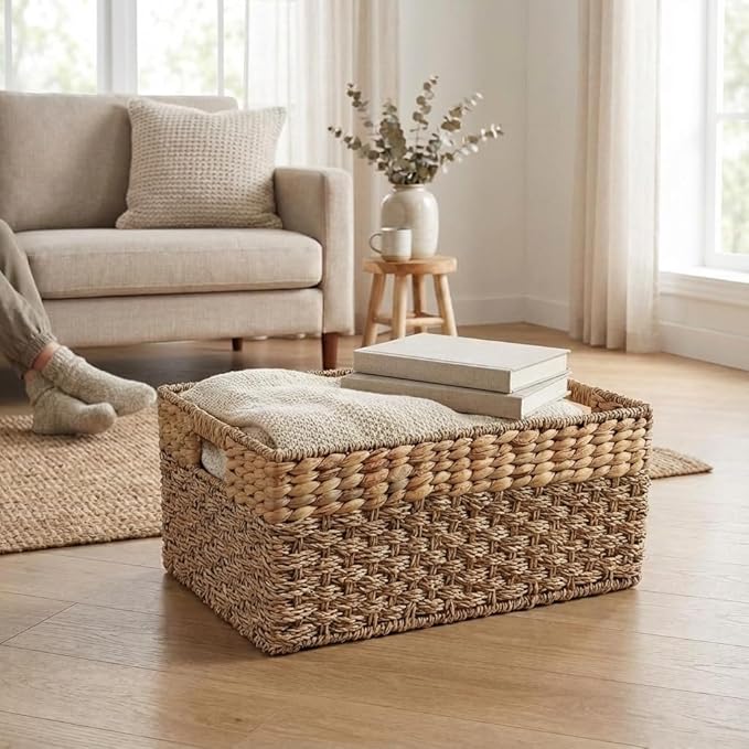 Large Wicker Storage Baskets with Handles, Natural Seagrass and Hyacinth Woven Storage Basket for Organizing Shelves, Closet, Pantry, Living Room, 17 x 11 x 7.5 Inches