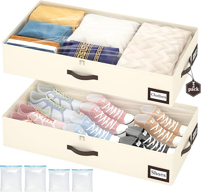 OIAHOMY 2 Pack Under Bed Storage with 4 Compression Bags, Underbed Organizers for Bedroom & Closet, Fits Beds Higher than 5.9", Space-Saving for Seasonal Clothes, Blankets & Shoes - Beige