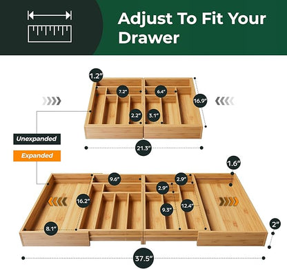 Large Silverware Organizer, 13 Slots Magnetic Connected Expandable Bamboo Utensil Drawer Organizer From 21 to 37.4 Inches, Adjustable Flatware and Cutlery Holder, Utensil Tray for Kitchen Natural