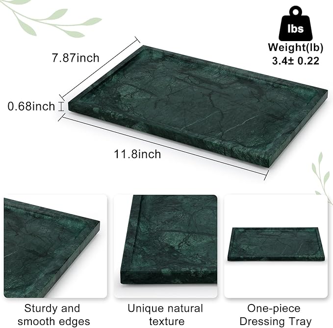 Real Luxurious Natural Marble Tray - 12x8 Inch Marble Vanity Tray for Perfume Display, Jewelry Organizer, Bathroom & Home Decor -Heavy Duty Non-Slip Stone Tray (Non-Resin/Non-Ceramic)（Green）