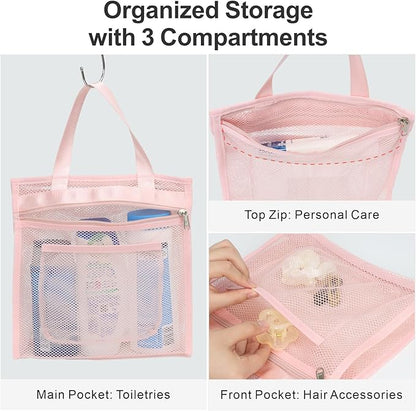 F-color Mesh Shower Caddy Portable Hanging - 3 Pockets Small Shower Bag Tote with Zipper Closure for Camping, Gym Lockers, Travel, Toiletry, Quick Dry Bathroom Essentials with S Hook, Pink