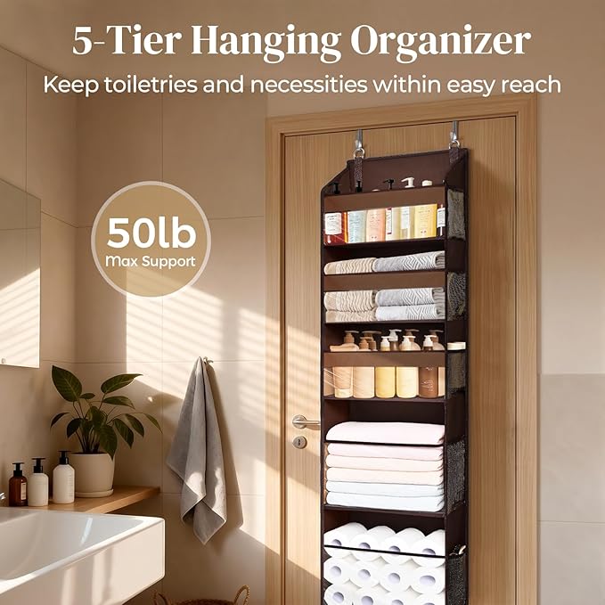 5 Tiers Over Door Organizer with 10 Mesh Side Pockets, 44 lbs Weight Capacity Hanging Storage Organizer with Clear Window Kids Toys, Shoes, Diapers, Dark Brown