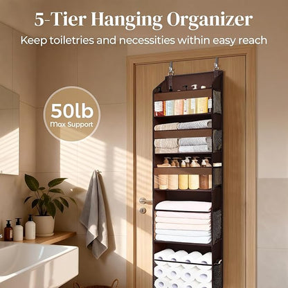 5 Tiers Over Door Organizer with 10 Mesh Side Pockets, 44 lbs Weight Capacity Hanging Storage Organizer with Clear Window Kids Toys, Shoes, Diapers, Dark Brown