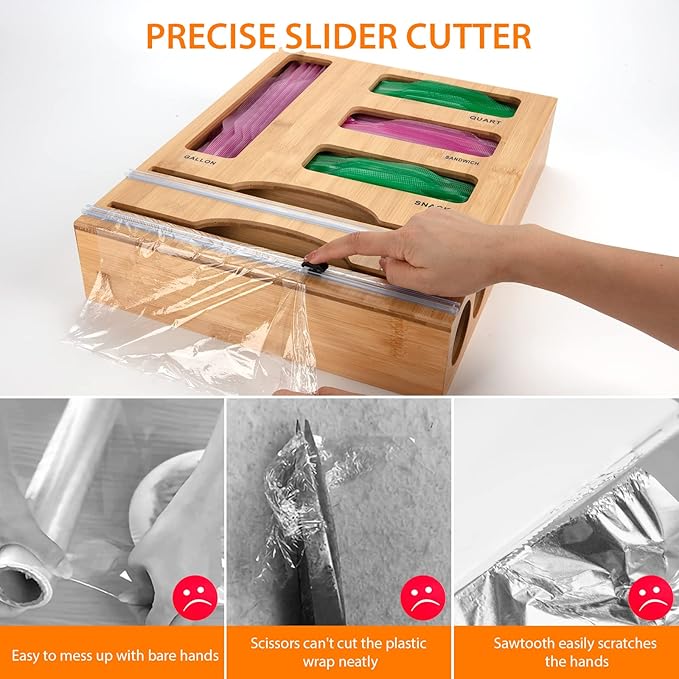 Storage Bag Organizer with Foil and Plastic Wrap Organizer , Aluminum Foil Dispenser with Cutter, Bamboo 6 in 1 Baggie Organizer Suitable for Gallon, Quart, Sandwich, Snack