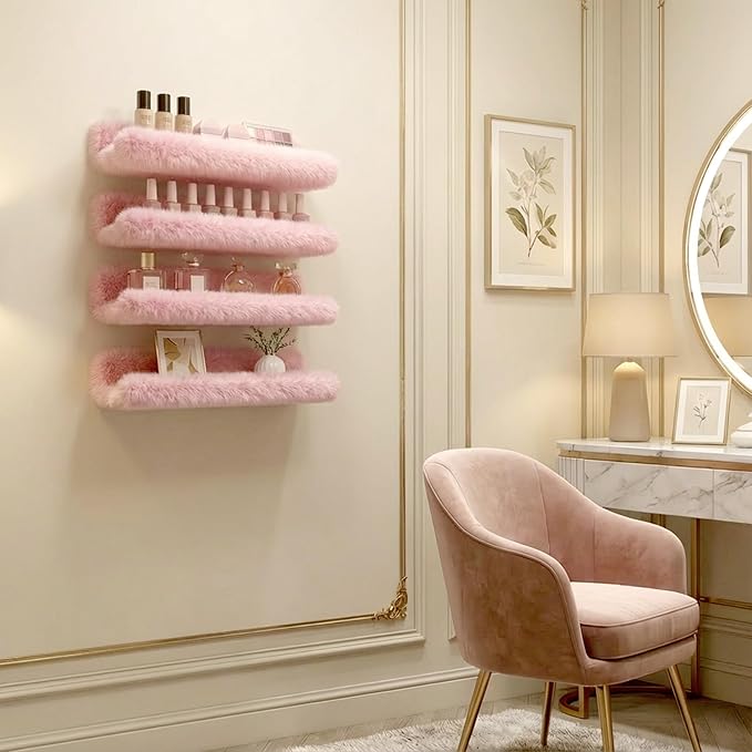Care&More YJ 15 Inch Nail Polish Shelves, 4-Pack Fuzzy Display Nail Polish Rack for Storing Nail Bottles, Sunglasses, Essential Oils, Plush Soft Pink