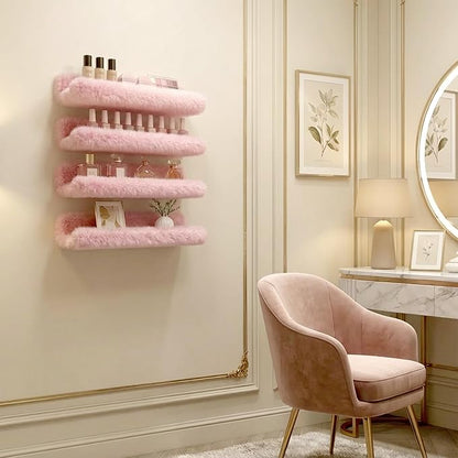 Care&More YJ 15 Inch Nail Polish Shelves, 4-Pack Fuzzy Display Nail Polish Rack for Storing Nail Bottles, Sunglasses, Essential Oils, Plush Soft Pink