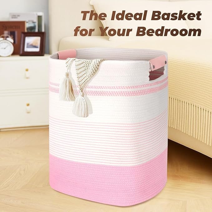 AINUOQI Laundry Basket with Handles - Blanket Basket & Hampers for Bedroom Aesthetic, Laundry Hamper & Blanket Storage for Living Room, Clothes Hamper, Tall, Large 17" x 14" x 22”, Pink & White