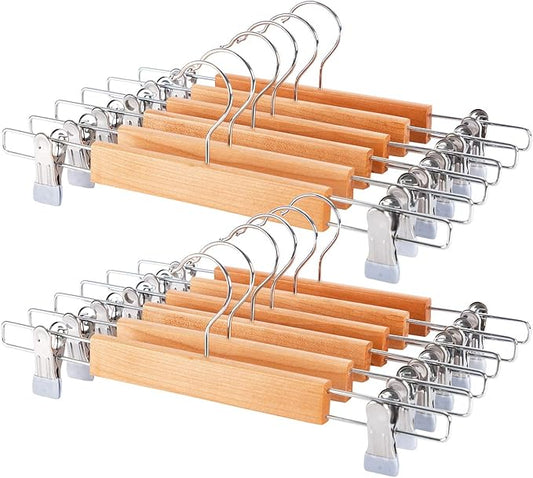 Wooden Pants Hangers 12Packs, Skirt Hangers with Adjustable Clips, Non Slip Wood Clothes Hangers with Clips, Space Saving Hangers for Pants Skirts Trousers Slacks Jeans