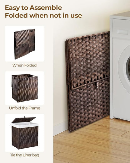 Greenstell Laundry Hamper with Lid, 125L Laundry Basket with 2 Removable Liner Bags & 2 Mesh Bags, Handwoven Synthetic Rattan Clothes Hamper for Clothes, Toys in Bathroom, Bedroom, Foldable, Brown