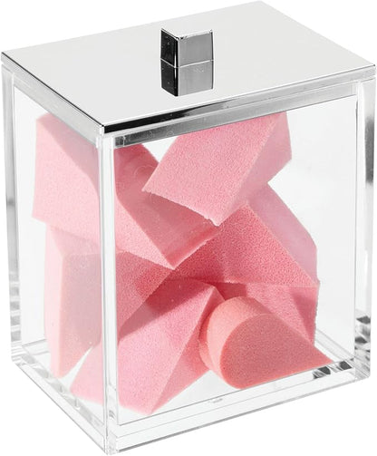 mDesign Plastic Rectangle Apothecary Canister - Organizer for Bathroom Vanity Countertop Shelf Decor - Holds Cotton Swabs, Soap, Makeup, Bath Salts - 2 Pack- Lumiere Collection - Clear/Chrome
