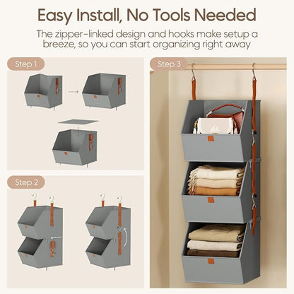 Homsorout Collapsible Hanging Closet Organizer - 3 Tier Closet Shelves Storage System with Hooks, Fabric Hanging Storage Bins for Clothes, Foldable Storage Basket for Laundry, Bedroom, Rv, Grey