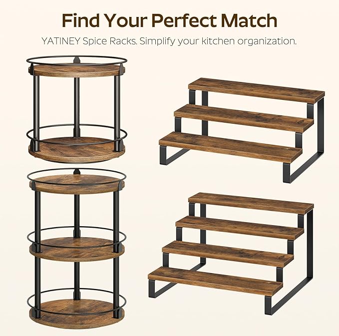 YATINEY Spice Rack, 3 Tier Wooden Display Riser Stand, Kitchen Storage Organizer for Spices, Versatile Display Shelf, Space Saving, for Kitchen Countertop and Cabinet, Rustic Brown SR03L2BR