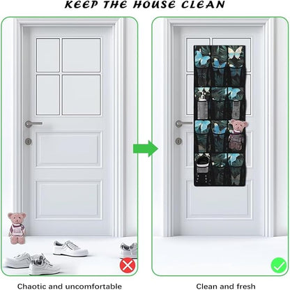 Butterflies Over the Door Shoe Organizer,Shoe Organizer Door Hanger,Space Saver Shoes Hanger Storage Organizer Bag with 12 Mesh Large Pockets