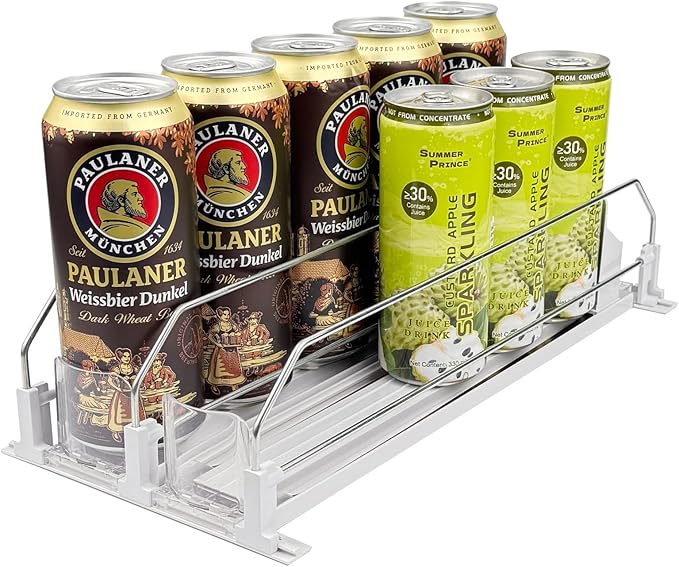 Drink Organizer for Fridge, Self Pushing Soda Can Dispenser for Refrigerator, Automatic Beverage Pusher Glide Beer Water Bottle Holder -2 Rows, White