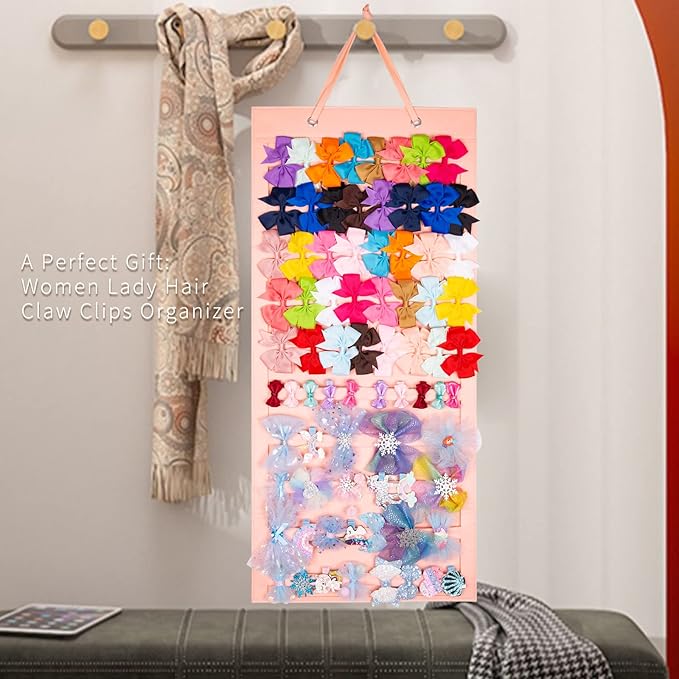 Bow Hanger for Girls Hair Bows - Large Wall, Door, Closet Organizer - Pink