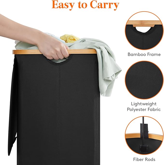 Lifewit 80L Laundry Basket with Lid, Clothes Hampers for Laundry with Bamboo Handles and 1 Removable Bag, Large Foldable Laundry Hamper for Bedroom, Bathroom, Dorm, Laundry Room, Black