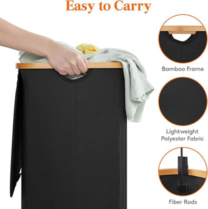 Lifewit 80L Laundry Basket with Lid, Clothes Hampers for Laundry with Bamboo Handles and 1 Removable Bag, Large Foldable Laundry Hamper for Bedroom, Bathroom, Dorm, Laundry Room, Black