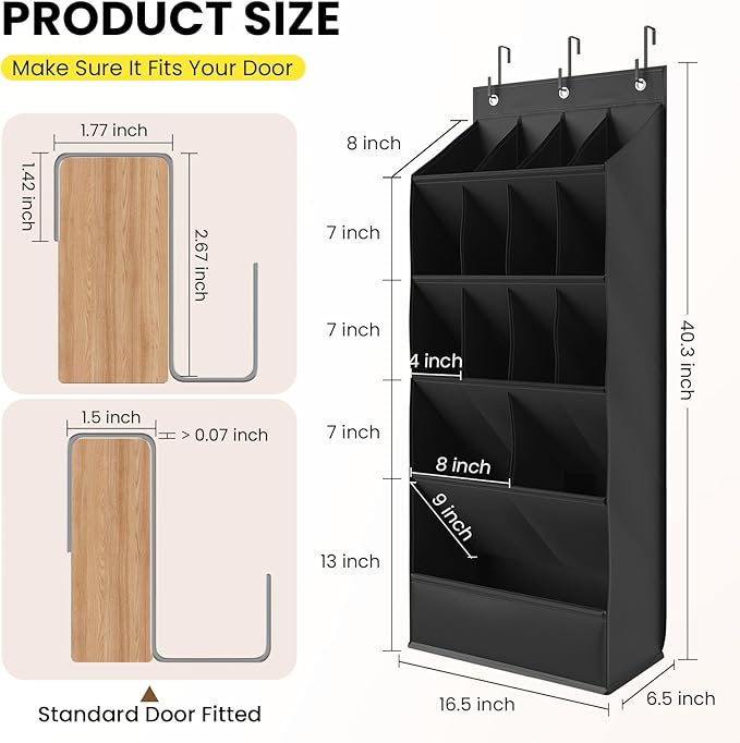 18 Pairs Over the Door Shoe Organizer, Shoe Rack for Closet Door with Large Breathable Pockets, Hanging Shoes Rack for Boots, Behind the Door Organizer Shoe Holder for Categorized Storage, Black