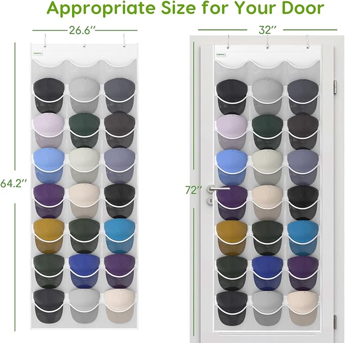 Baseball Hat Rack, 24 Pocket Over-The-Door Hat Organizer with Clear Deep Pockets to Display Baseball Caps Collection, Complete with 3 Over Door Hooks (White, 24 Pockets)