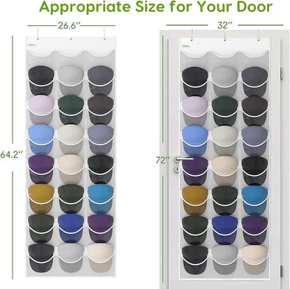 Baseball Hat Rack, 24 Pocket Over-The-Door Hat Organizer with Clear Deep Pockets to Display Baseball Caps Collection, Complete with 3 Over Door Hooks (White, 24 Pockets)