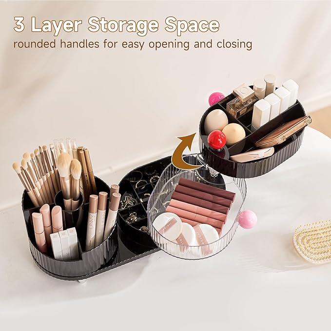 UFORU Makeup Organizer Countertop for Vanity with 360° Rotating Brush Holder, 3 Layer Cosmetic and Jewelry Storage, Makeup Display Case for Skincare&Perfume, Black