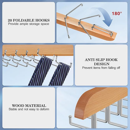 Tie Rack Hanger for Closet 20 Foldable Hooks, 1 Pack Wooden Non Slip Large Capacity Space Saving Tie and Belt Organizer with 360° Rotating Hooks for Tank Tops Bras Scarves Hat