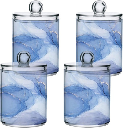 2 Pack Qtip Holder Dispenser Blue Marble Ink Modern Fluid Art (2) Bathroom Storage Canister Lid 10 oz Acrylic Plastic Apothecary Jar Set Vanity Makeup Organizer for Cotton Swab/Ball/Round Pads, Floss