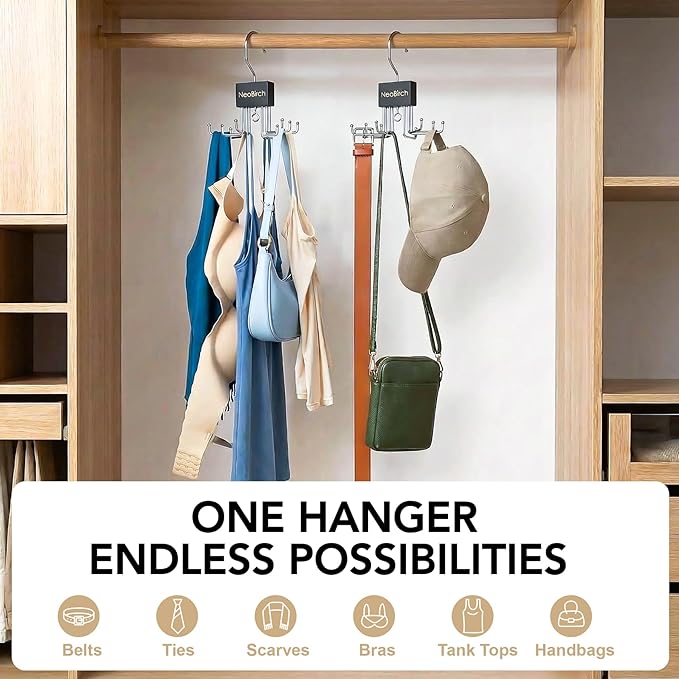 2 Pack Premium Tie and Belt Rack Hanger for Men for Closet Organizers and Storage Space Saving with 360° Rotating Hooks Anti-Slip Clips for Scarves,Hat,Baseball Caps,Tank Tops Bras (L-Shaped Hook)