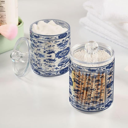 Milk Cow Qtip Holder with Lid 2PCS Apothecary Jars Storage Containers, Clear Plastic Canister for Cotton Swab,Floss Picks, Cosmetics (Porcelain Floral Pattern, one sizex4)