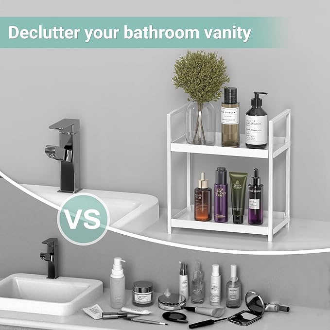 Bathroom Organizer Countertop, 2 Tier Counter Storage Shelf for Makeup Perfume Skincare Cosmetic Beauty Product, Small Vanity Countertop Tray Stand Rack Holder for Bathroom Sink Dresser, White