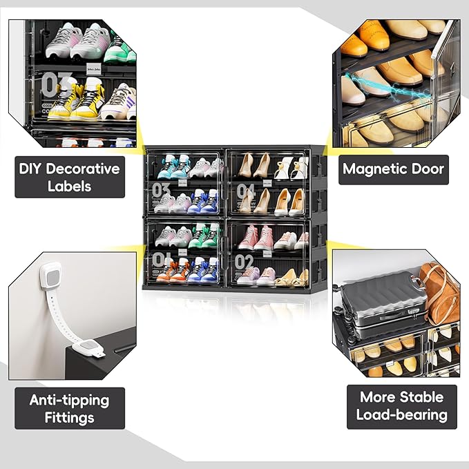 JEKO&JEKO 4 Tiers Foldable Shoe Rack Organizer Cabinet for Closet Entryway, Large Collapsible Shoe Storage Box with Magnetic Doors Fits Up to 16 Pairs (Black)