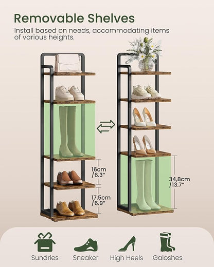 CHOEZON 6-Tier Vertical Shoe Rack, Narrow Shoe Tower, Corner Shoe Storage Organizer, Shoe Shelf, for Small Spaces, Industrial Style, for Entryway, Hallway, Living Room, Rustic Brown and Black TXJ06BF