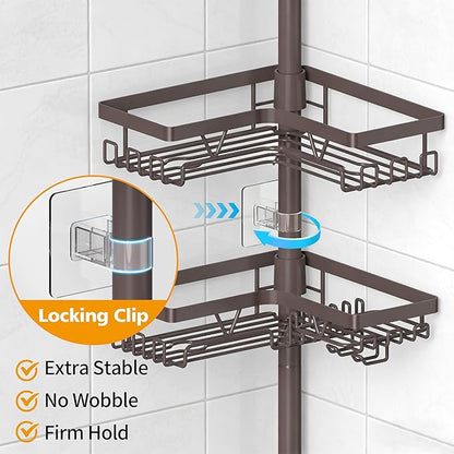 KEGII Shower Caddy Tension Pole with 2 Towel Bars, Adjustable Corner Bathroom Organizer, Rustproof Bathtub Storage Shelves for Shampoo, 25–114.2 Inch Shower Corner Rack for Renters & Family, Bronze
