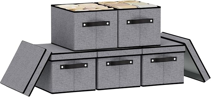 Storage Bins with Lids, 10.2×7.8×6.7 Inch Closet Organizers for Shoes Towels Books, Storage Boxes with Handles, Gray, 5-Pack