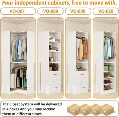 Vomavex Closet System with 4 sets, 101.9" Closet Organizer Systems with 6 Drawers & 8 Hanging Rods & Adjustable Shelves, Walk in Closet Standing Closet System, Corner Closet System Set, White