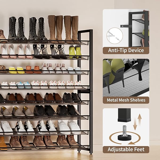Metal Shoe Rack,Large 8 Tier Shoe Organizer, Heavy Duty Metal 4-Tier Stackable Shoe Storage Vertical Shoe Rack for Closet Front Door,Entrance,Entryway,Garage,Up to 50 Pairs,Black