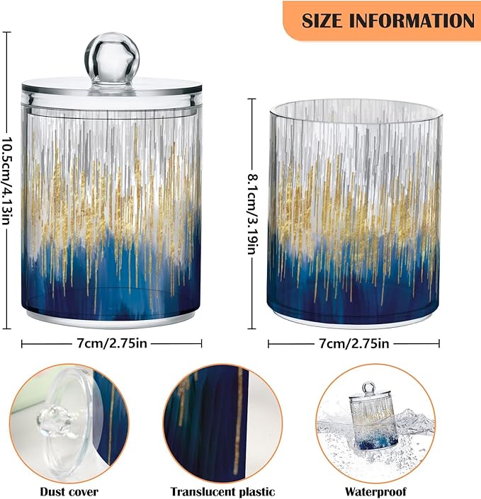 4 Pack Apothecary Jars with Lid, Gold & Blue, Qtip Holder Storage Jars for Cotton Swab, Cotton Round Pads, Clear Plastic Canisters for Bathroom Vanity Organization (10 Oz)