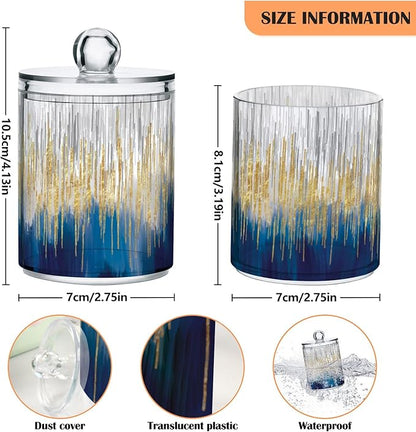 4 Pack Apothecary Jars with Lid, Gold & Blue, Qtip Holder Storage Jars for Cotton Swab, Cotton Round Pads, Clear Plastic Canisters for Bathroom Vanity Organization (10 Oz)
