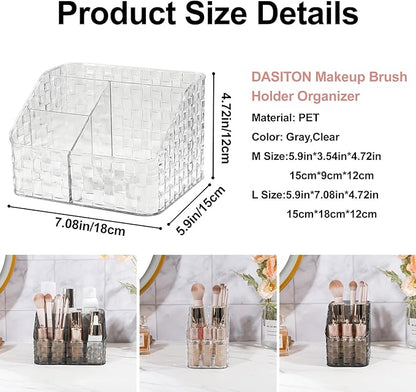 DASITON Makeup Brush Holder Organizer, 4 Slots Acrylic Makeup Brushes Storage Cup, Woven Texture Make Up Brush Holder for Vanity Bathroom Office, Pen Holder for Desk, Cosmetic Display Cases (Clear L)
