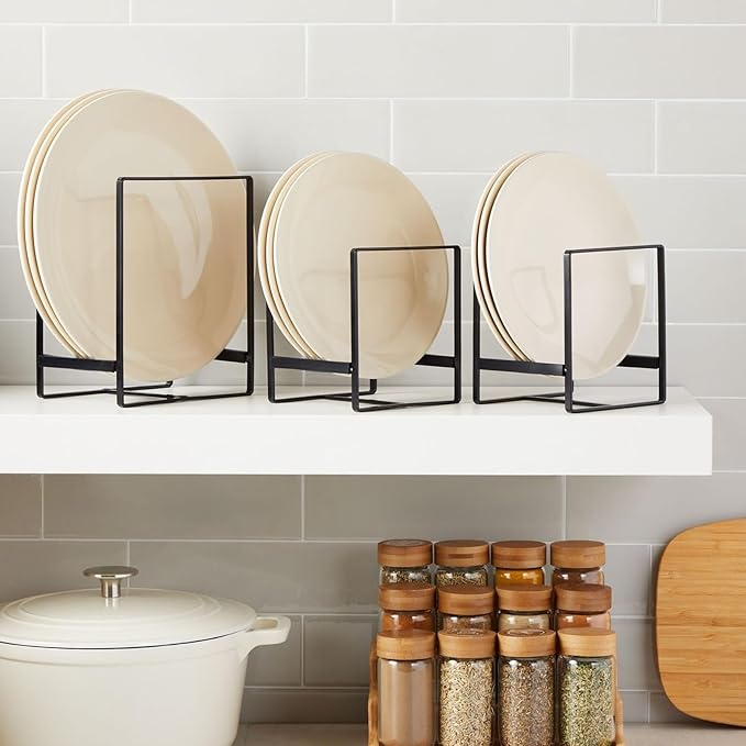 Juvale Iron Kitchen Cabinet Organizer Shelf - Space-Saving Plate Rack Organizer for Cabinet - Pot Lid Holder for Cupboard Shelf - Cutting Board for Countertop Stand - Black, Pack of 3