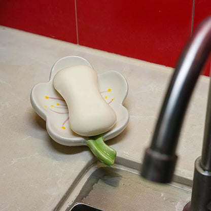 Ceramic Soap Dish Holder for Bathroom, Flower Bar Holder for Shower, Easy Cleaning Saver Tray Decoration for Bathroom, Sinks, Kitchen (White)