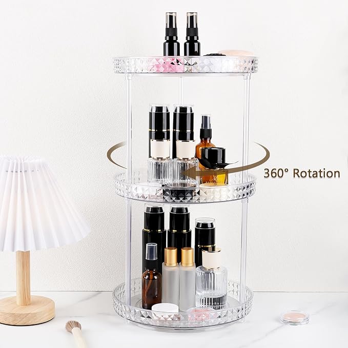 360 Clear Rotating Makeup Organize for Vanity,3 Tiers Lazy Susan with Diamond Pattern, Large-Capacity Skincare Organizers Cosmetic Display Case Organizer for Dresser (Clear White, 3Tiers)