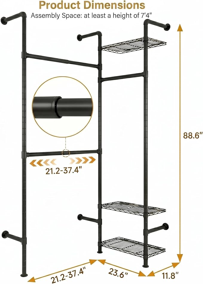 F2 Wall Mounted Closet System, Industrial Pipe Clothing Rack for Hanging Clothes, Heavy Duty Closet Organizer System, Clothes Racks with Shelves & Expandable Rod for Wardrobe, Corner, Black